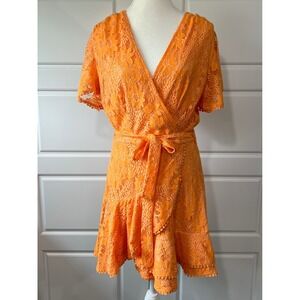 Lace Mini Dress Orange Floral‎ Short Sleeve Wrap Dress Pom Trim Summer M